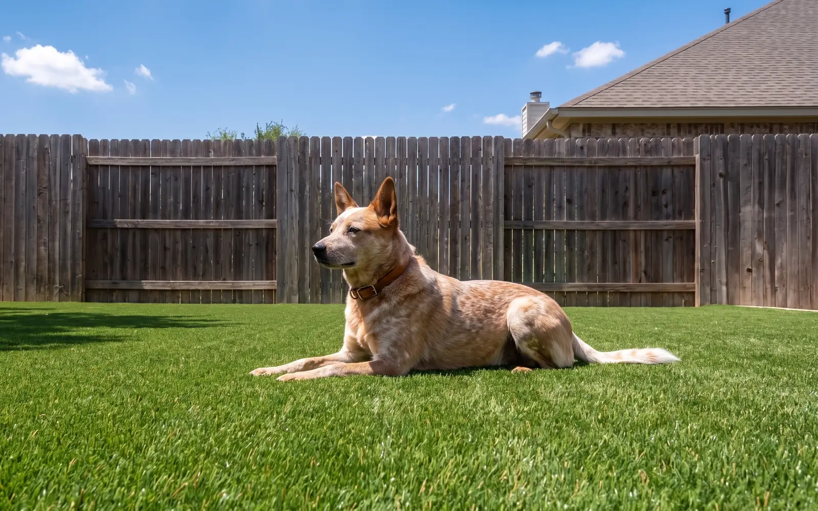 A dog resting on an artificial grass side yard by a cedar fence