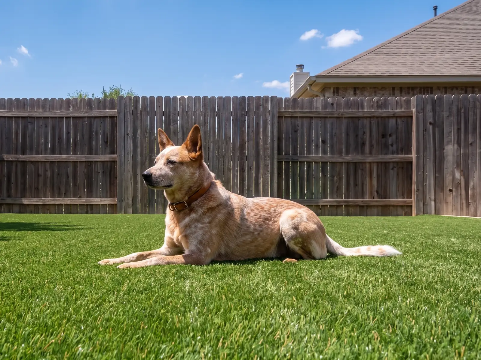 A dog resting on an artificial grass side yard by a cedar fence