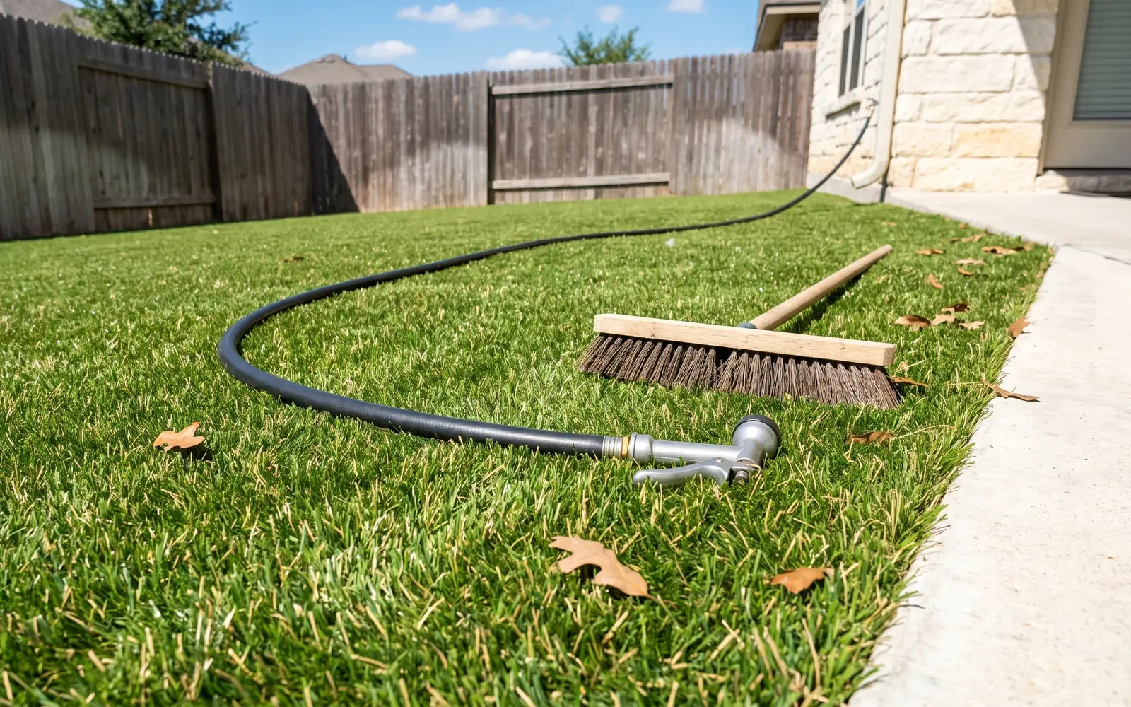 A garden hose and a push broom lying on a turf lawn by a patio