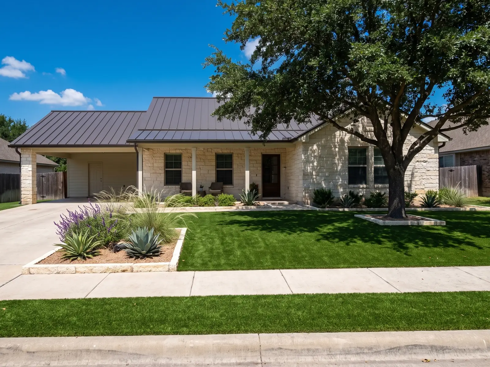 A turf front yard at a limestone house with a live oak