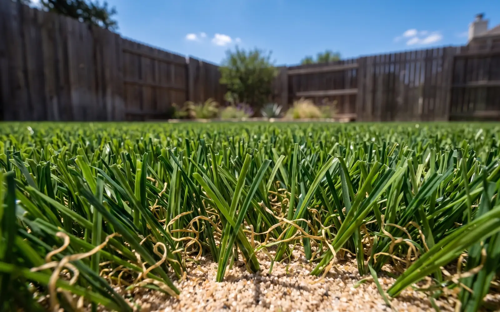 A close view of turf blades with tan sand infill at their base