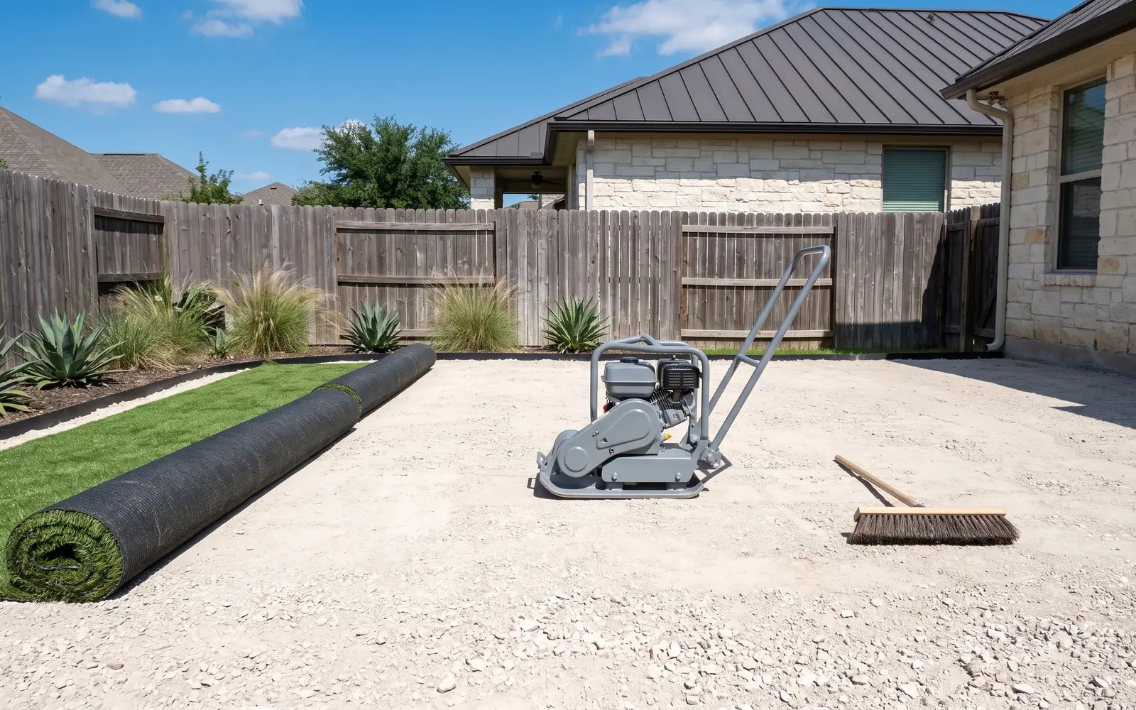 A turf roll partly unrolled over a compacted crushed-rock base, with a plate compactor parked beside it