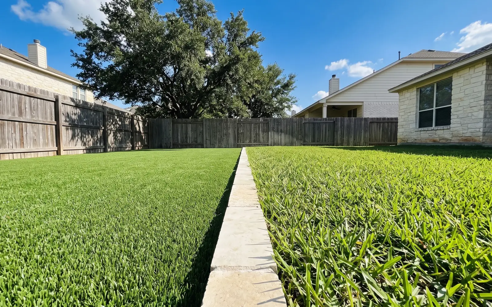 Artificial turf meeting real St. Augustine grass at a clean edge