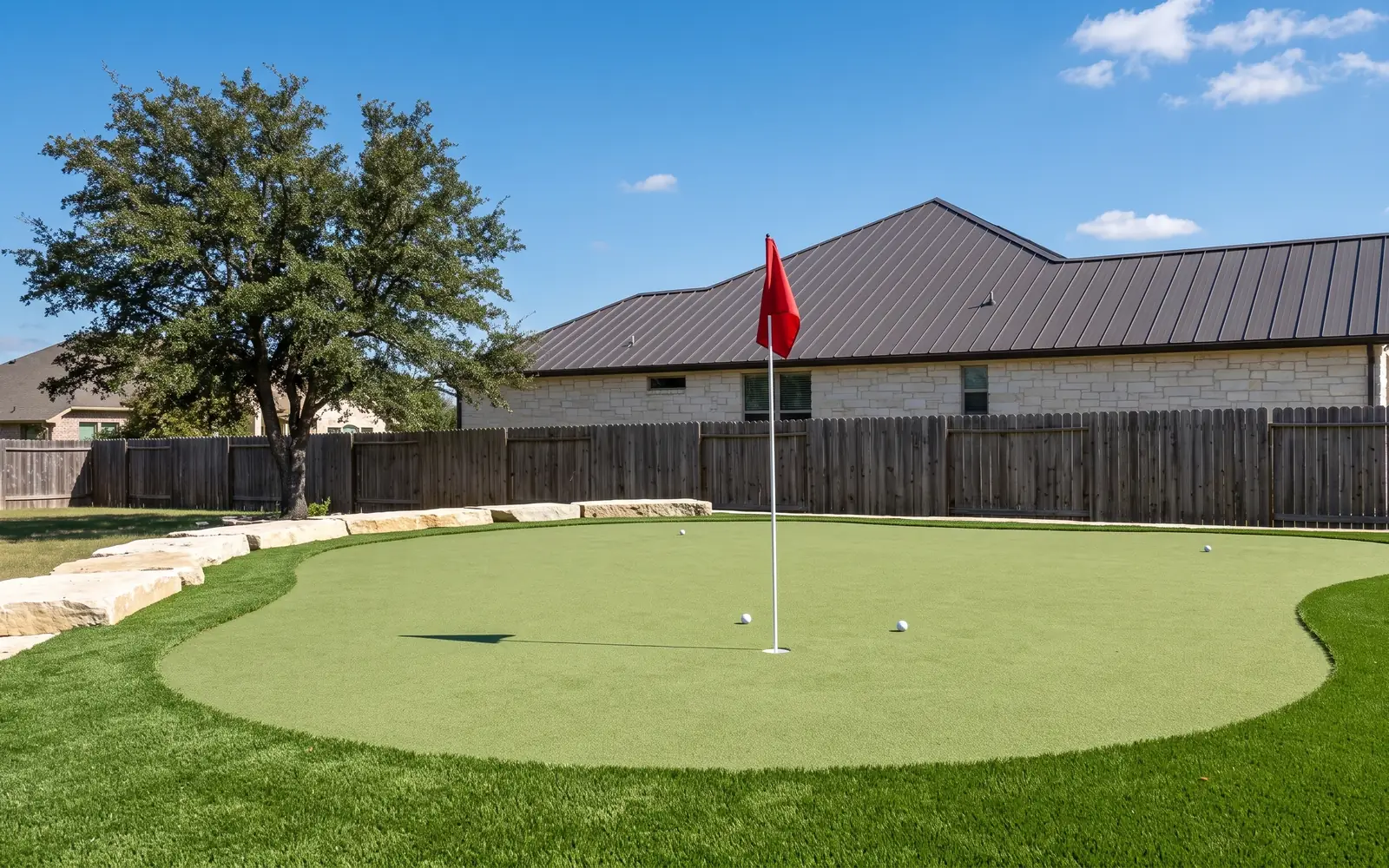 A backyard putting green with a flagstick and golf balls, edged in limestone