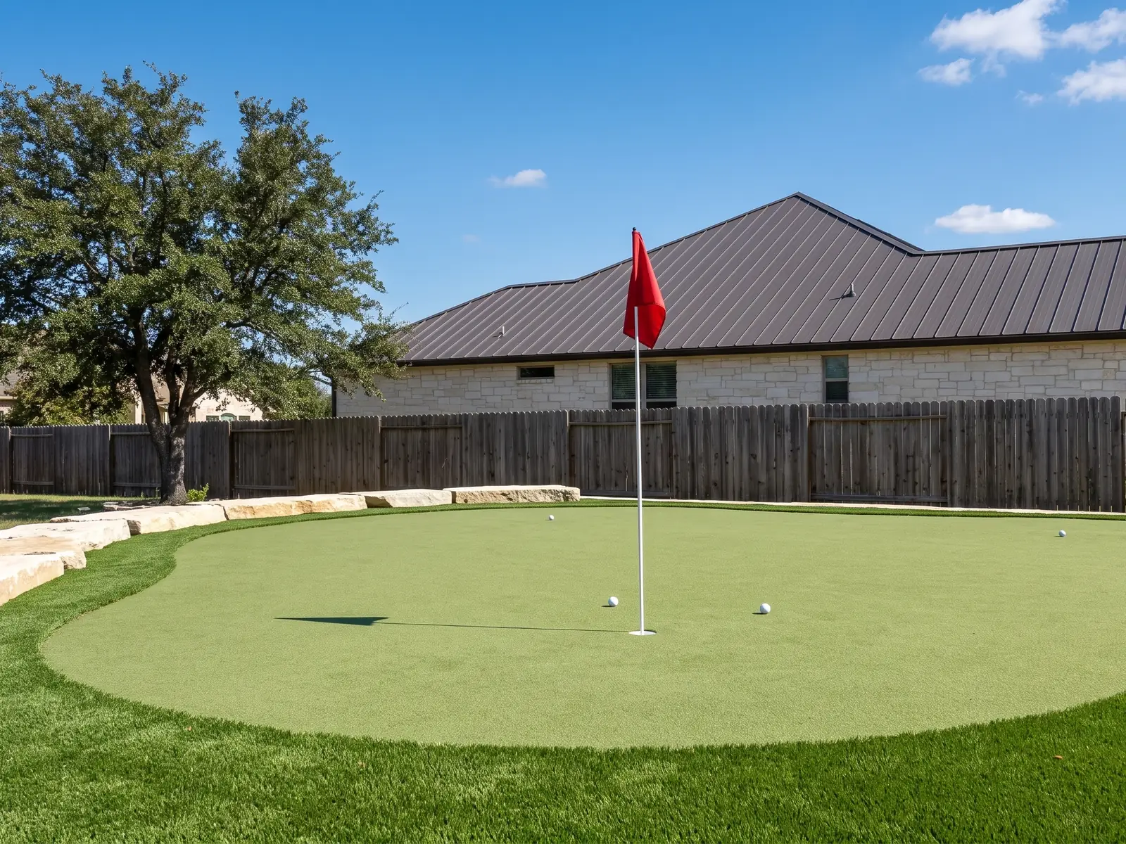 A backyard putting green with a flagstick and golf balls, edged in limestone