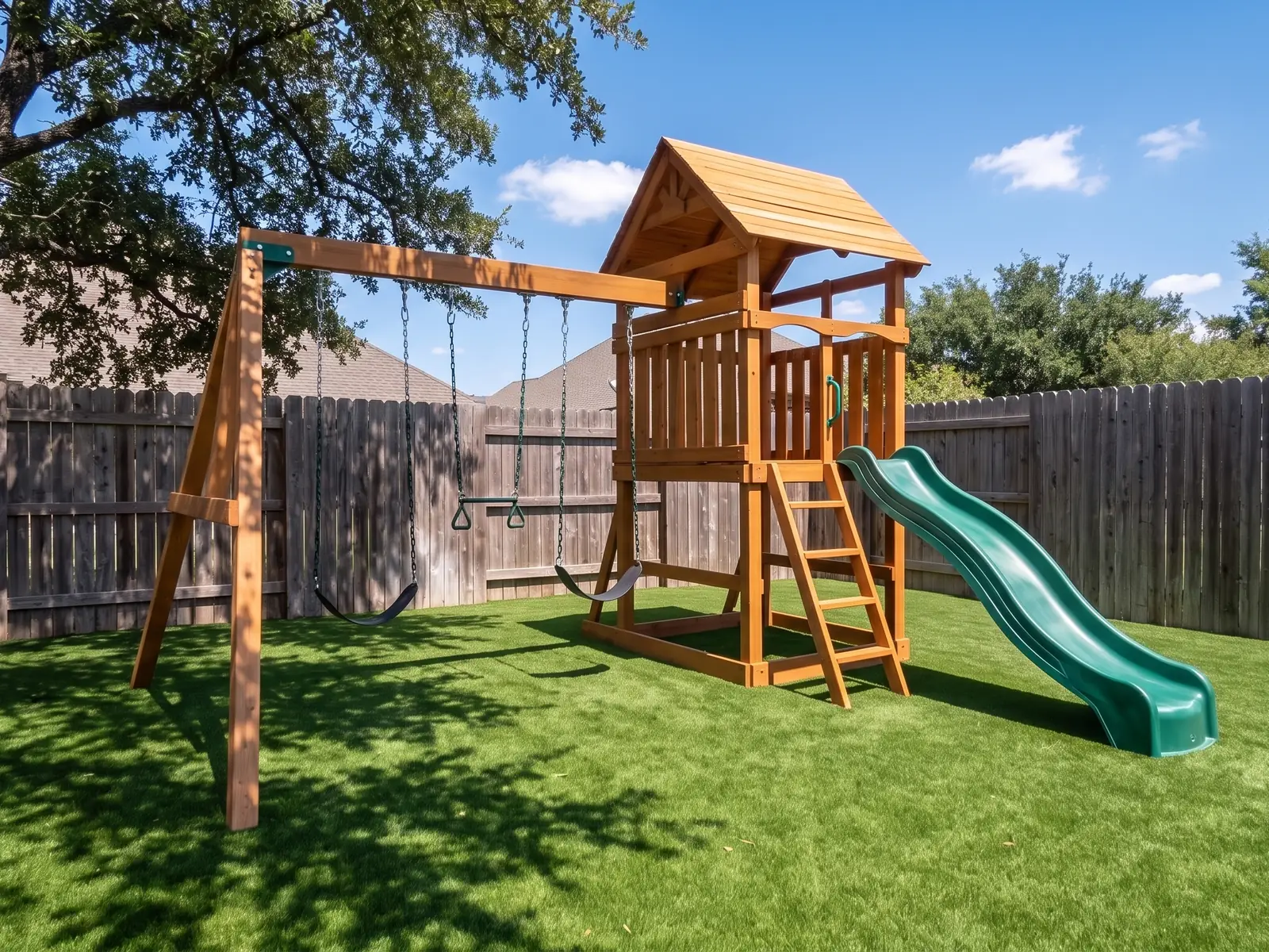 A wooden swing set and slide standing on artificial turf in a backyard