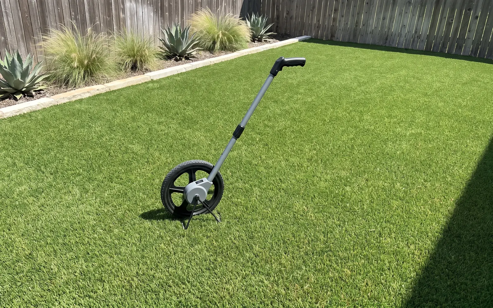 A measuring wheel standing on a turf lawn beside a bed of agave and feathergrass