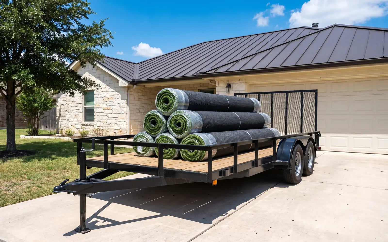 Rolls of artificial turf stacked on a utility trailer in a driveway